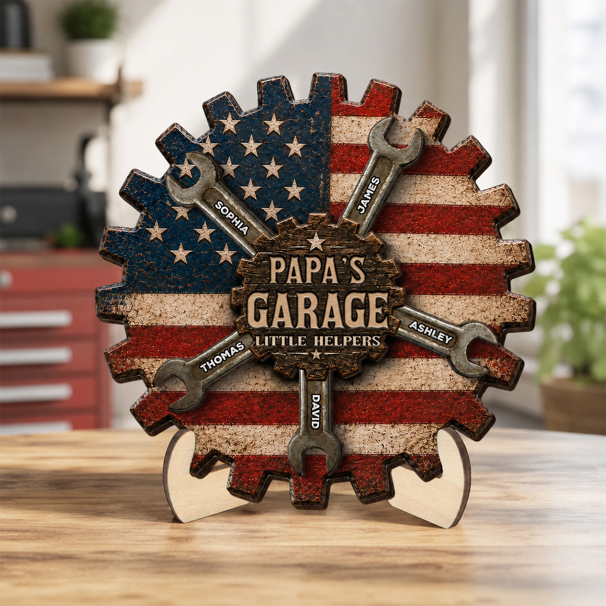 Rustic Workshop Little Helpers Nation Flag Theme 2D Flat - Personalized 2-Layered Wooden Plaque -  Gift For Patriotic Mechanic Dad, Grandpa