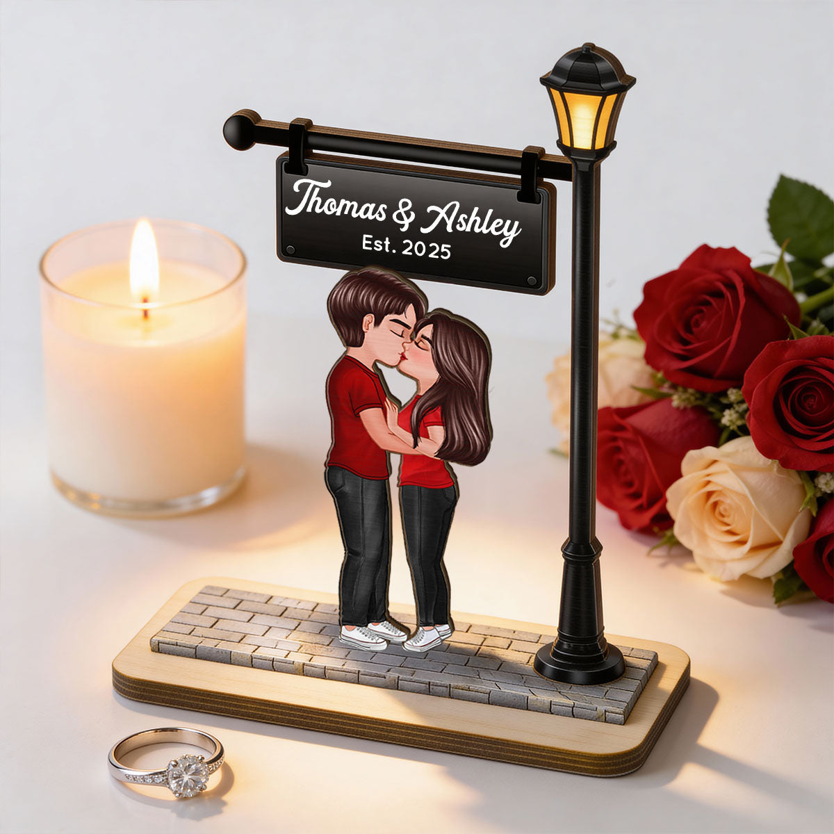 Eternal Love Couple Kissing Under Street Lamp Post - Personalized 2-Layer Wooden Plaque - Gift For Couple, Gift For Him, For Her