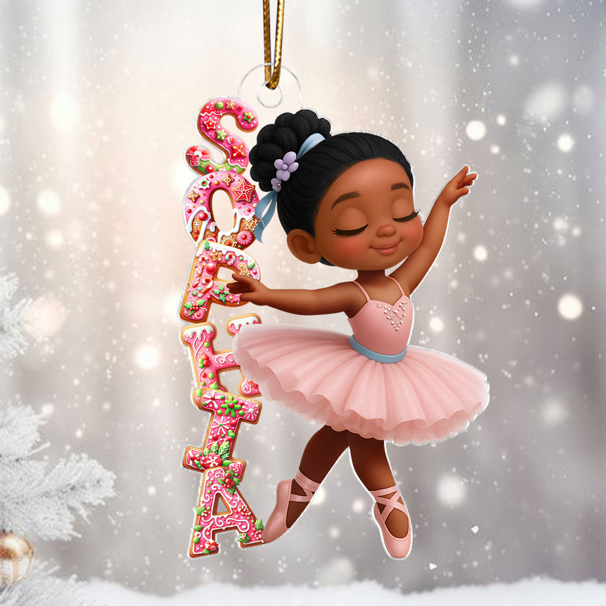 Little Girl Balletina Dance Custom Name Pink Gingerbread Pattern - Personalized Acrylic Ornament - Heartwarming Christmas Gift For Kid