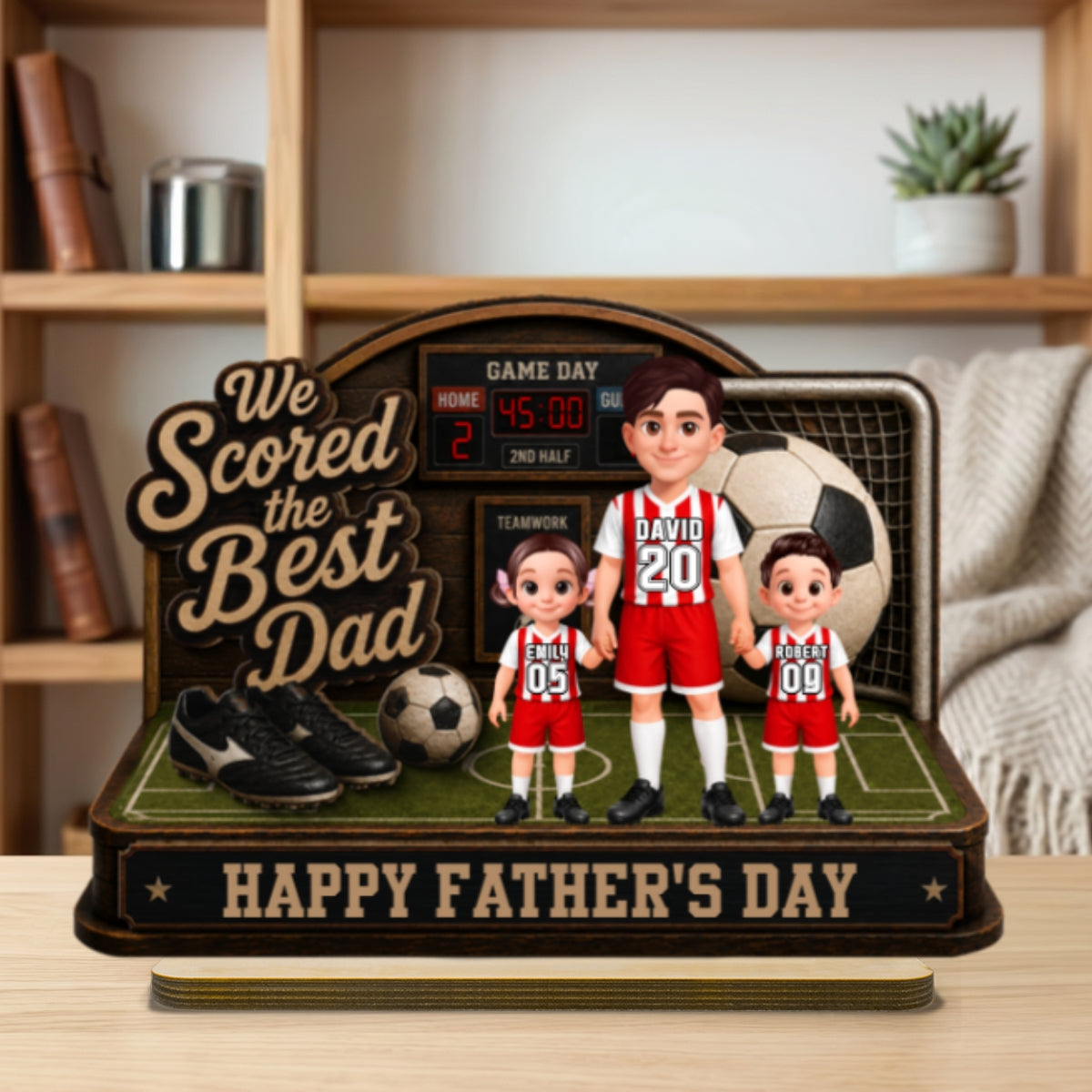 Soccer Dad & Kids On Court 2D Flat - Personalized 2-Layered Wooden Plaque -  Gift For Soccer Dad, UK Football Dad