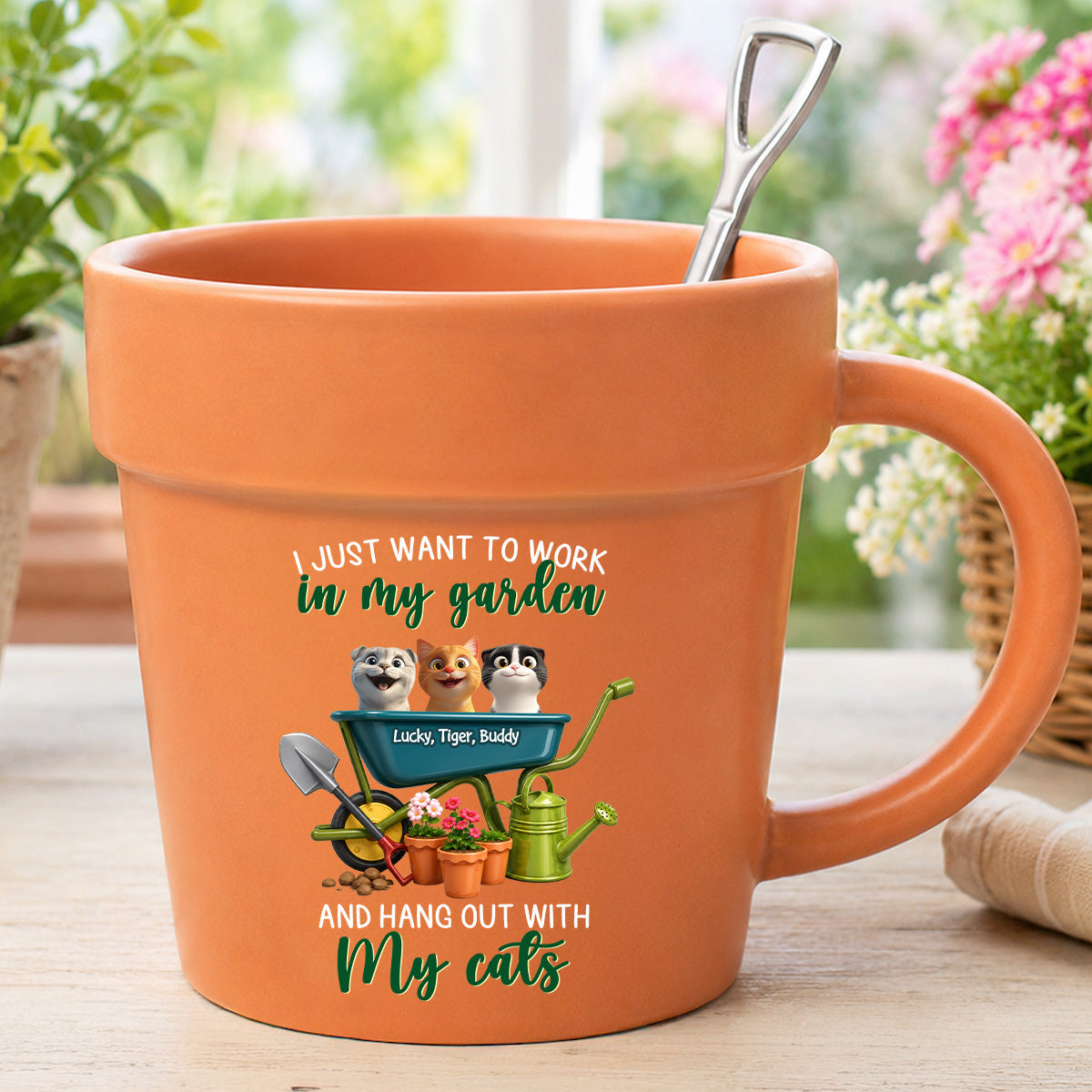 Just Want To Work In My Garden With My Cats - Personalized Plant Pot Ceramic Mug - Gift For Gardening Lovers