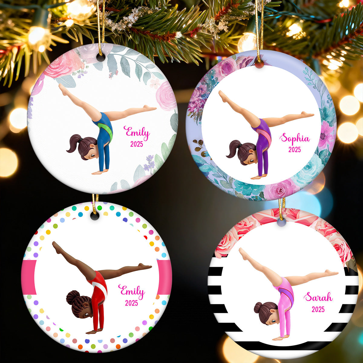 Floral Frame Gymnastic Girl - Personalized Ceramic Ornament - Gymnast Gift For Daughter, Granddaughter