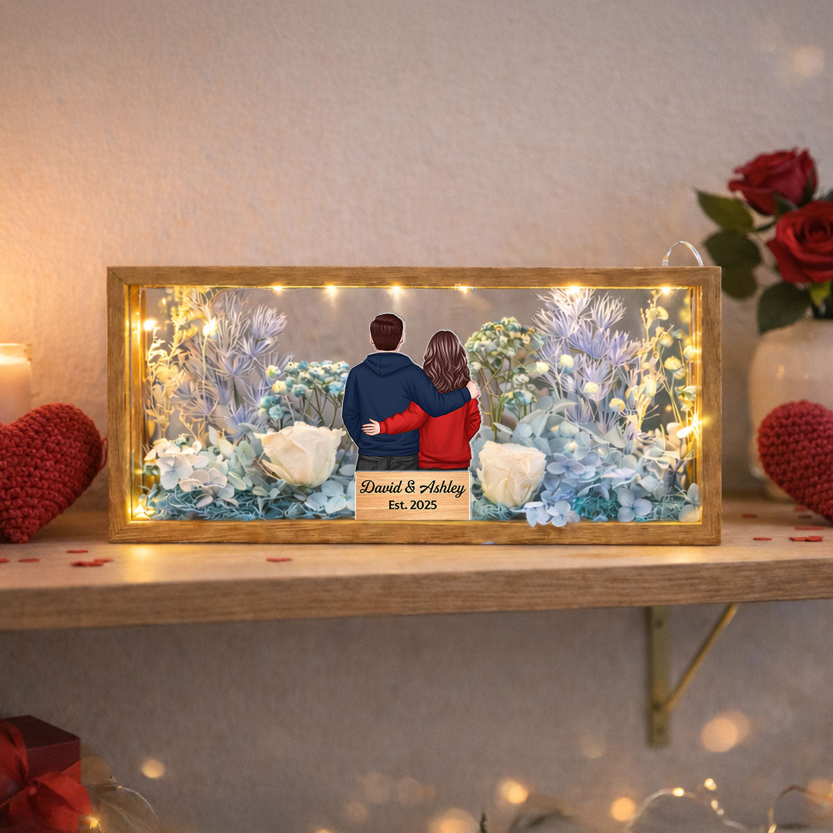 Eternal Love Back View Couple - Personalized DIY Flower Shadow Box LED Night Light - Gift For Couple, For Him, For Her