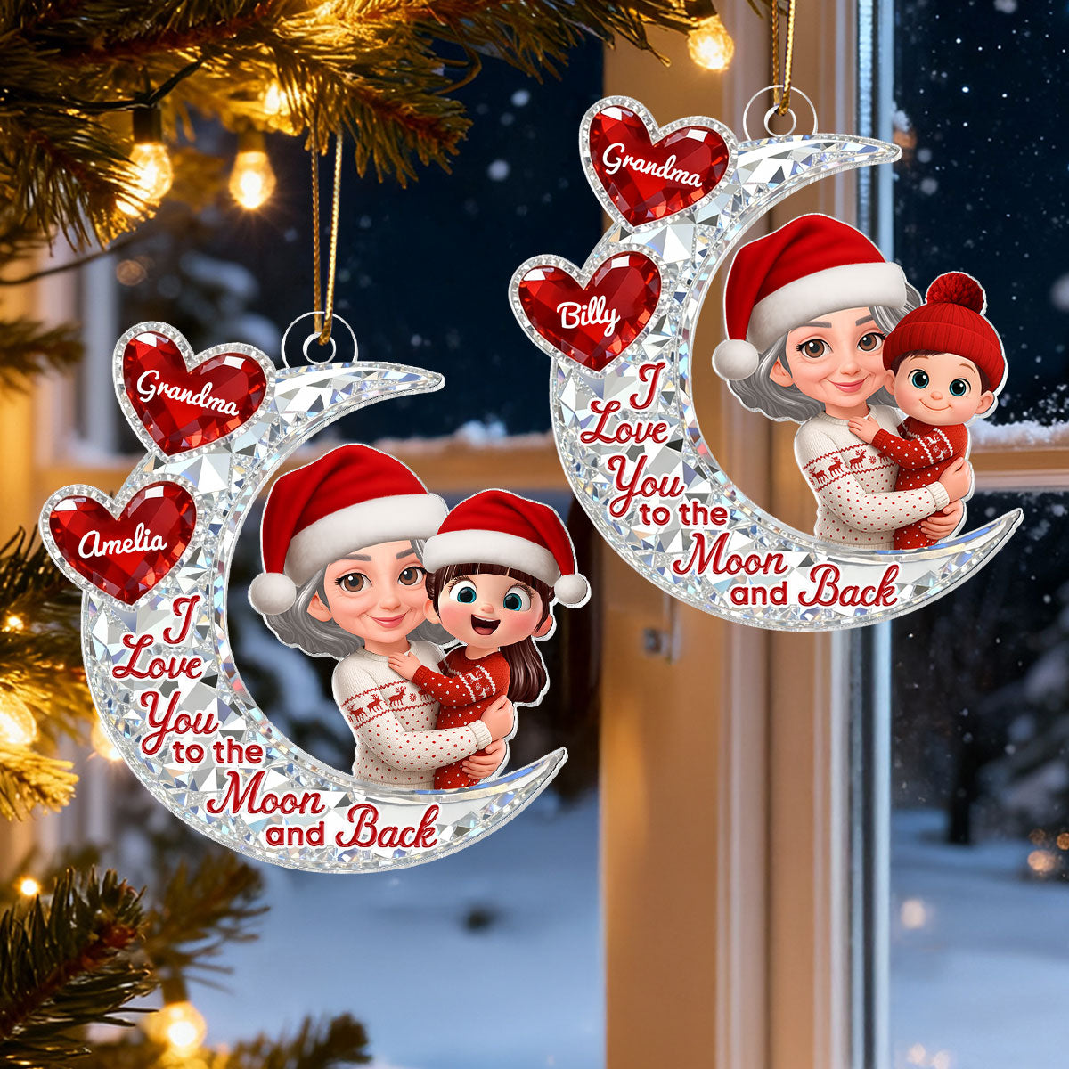 3D Effect Flat Moon Grandma Grandkid Love You To The Moon And Back - Personalized Acrylic Ornament - Christmas Gift For All Grandkids
