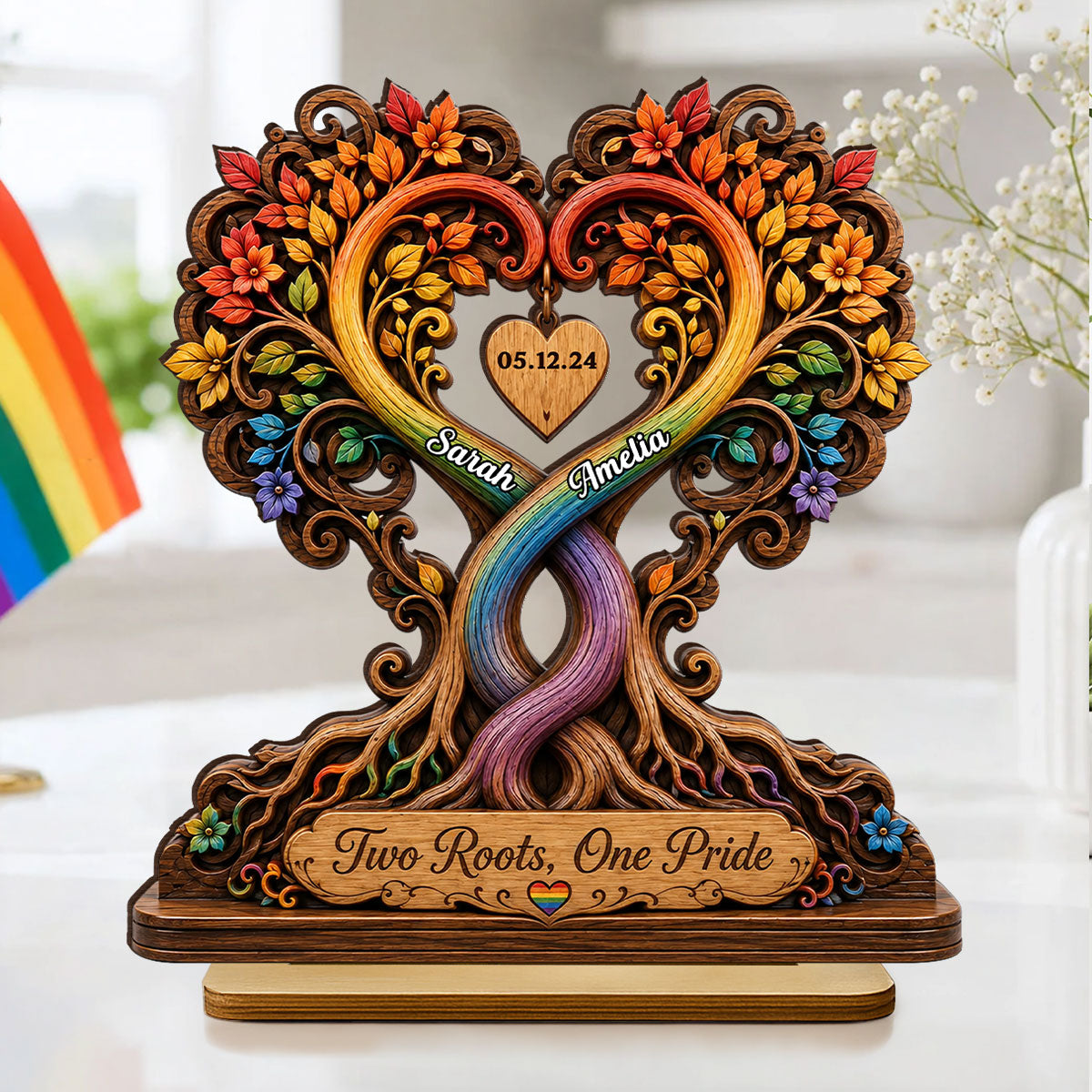 Two Roots One Pride LGBTQ+ Couple - Personalized 2-Layered Wooden Plaque - Heartfelt Anniversary Gift for Her, for Him