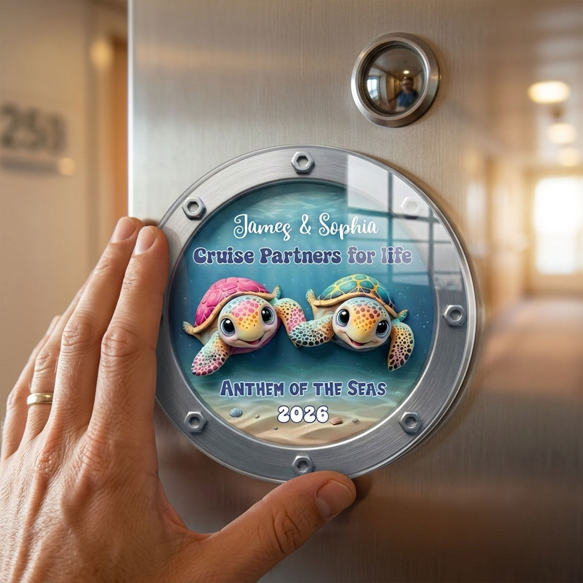 Happy Sailing Turtle Couple 2D Flat - Personalized Cruise Ship Door Magnet - Cruise Trip Decoration
