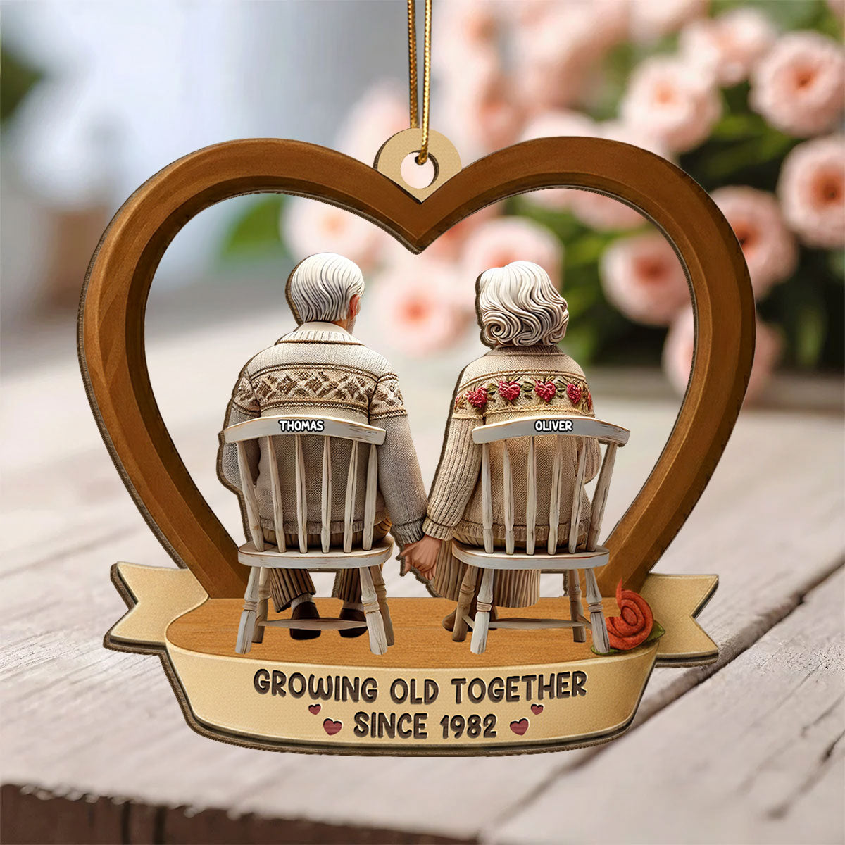 3D Back View Old Couple Growing Old Together - Personalized Wooden Ornament