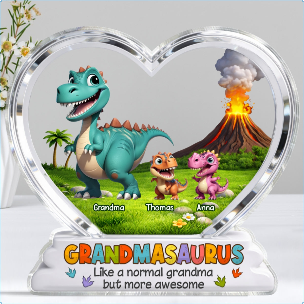 Grandmasaurus And Kids Cartoon Dinosaurs - Personalized Acrylic Block Plaque - Mother's Day Gift For Grandma