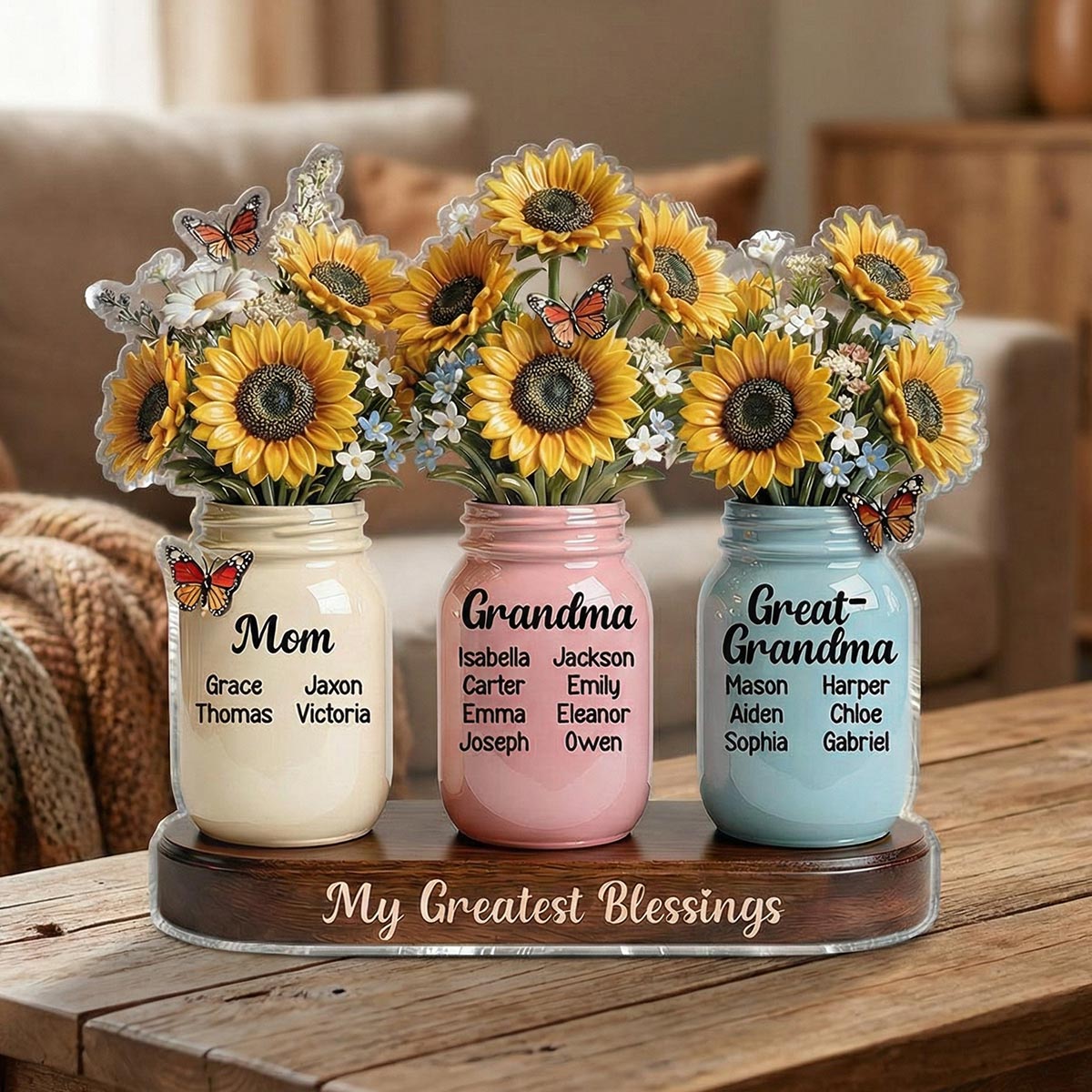 Mom Grandma Great Grandma Sunflowers Jars Custom Names 2D Flat - Personalized Acrylic Block Plaque