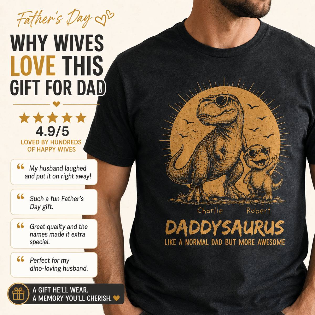 Retro Yellow Vintage Daddysaurus - Personalized Shirt - Funny Father's Day Gift For Dad, Husband