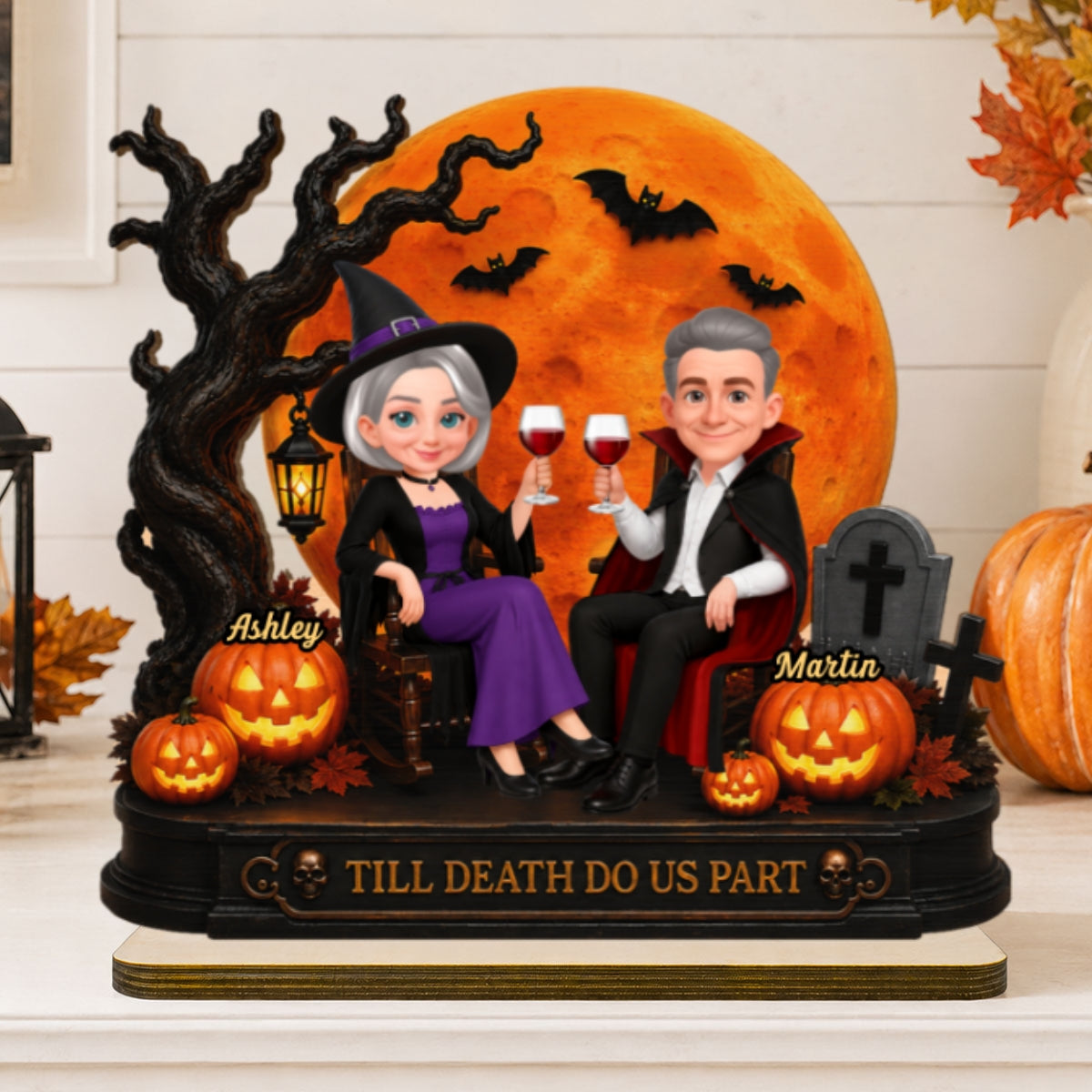Spooky Halloween Couple With Moon - Personalized 2-Layered Wooden Plaque - Gift For Couple, Him, Her