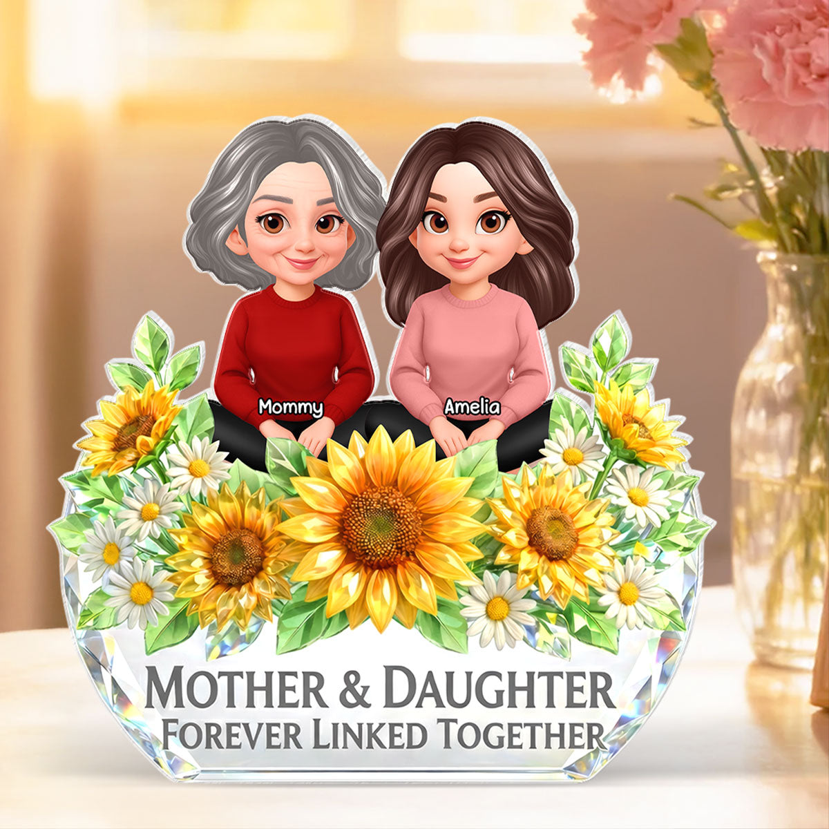 Mother Daughter Forever Linked Together Sunflower Pattern - Personalized Acrylic Block Plaque - Heartfelt Gift for Mom, Wife