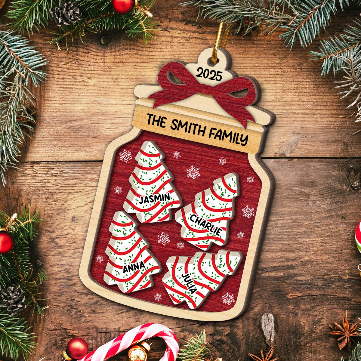 3D Effect Festive Christmas Family Mason Jar Christmas Tree Cakes - Personalized 2-Layered Wooden Ornament