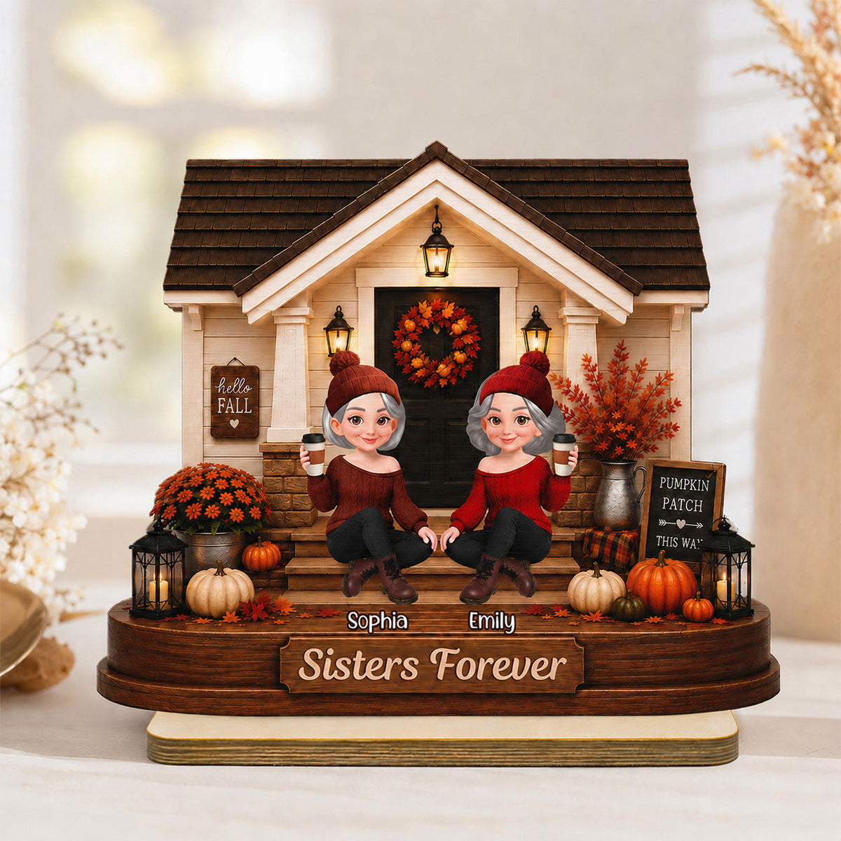 Front Porch Besties Sisters Fall Season 2D Flat - Personalized Wooden Plaque
