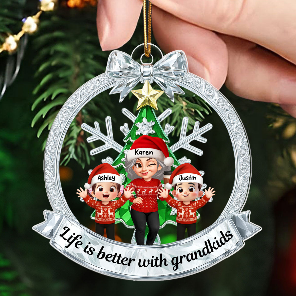 Grandma Grandkids Sitting on Christmas Wreath Metallic Effect - Personalized Acrylic Ornament - Christmas Gift for Grandma