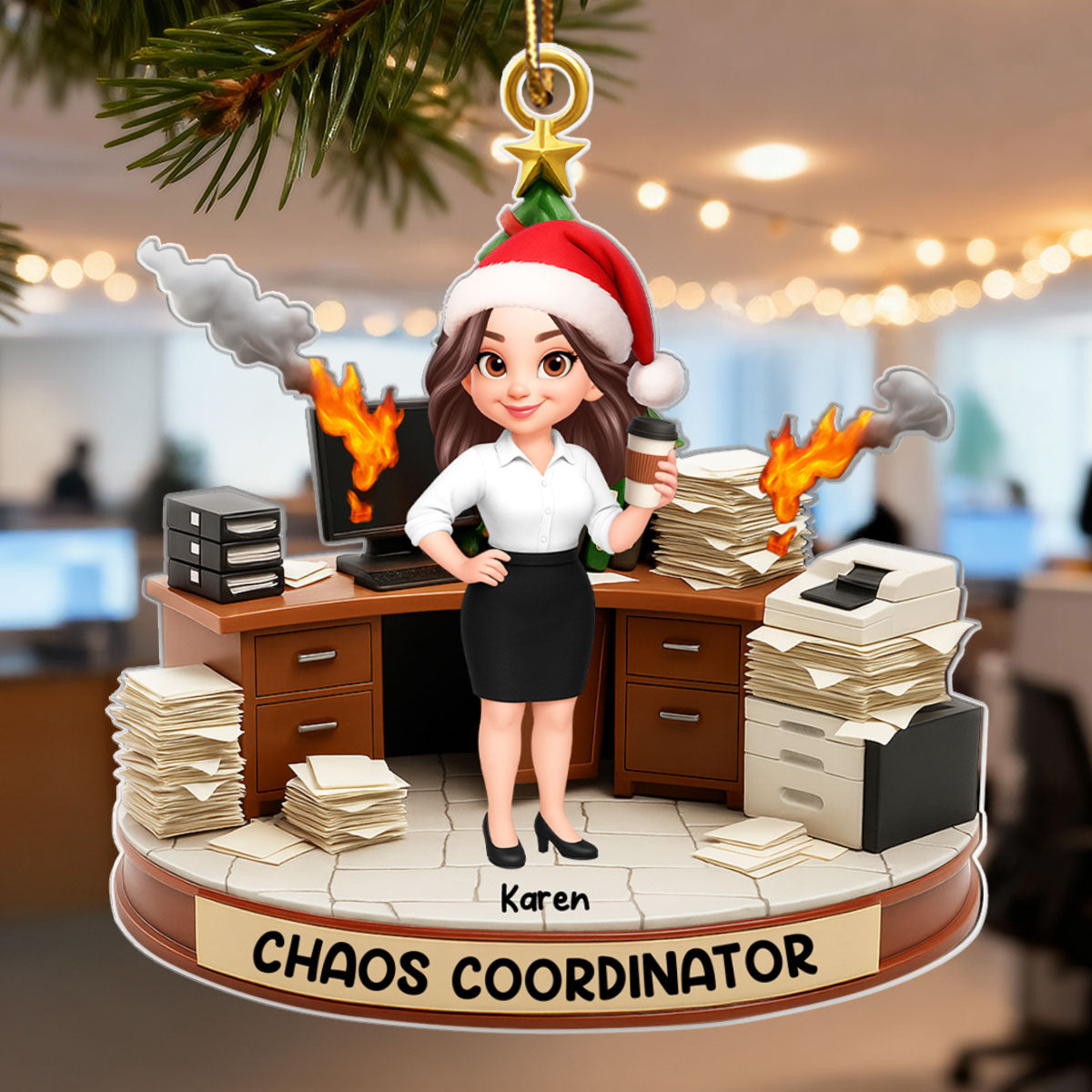 Office Chaos Coordinator - Personalized Acrylic Ornament - Funny Christmas Gift for Coworkers, White Elephant, Secret Santa Gift