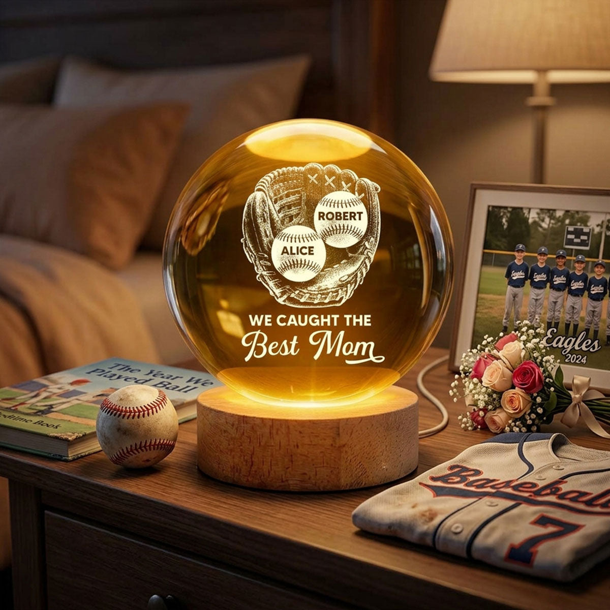 Baseball In Baseball Glove We Caught The Best Mom - Personalized Crystal Ball LED Night Light - Mother's Day Gift For Baseball Mom