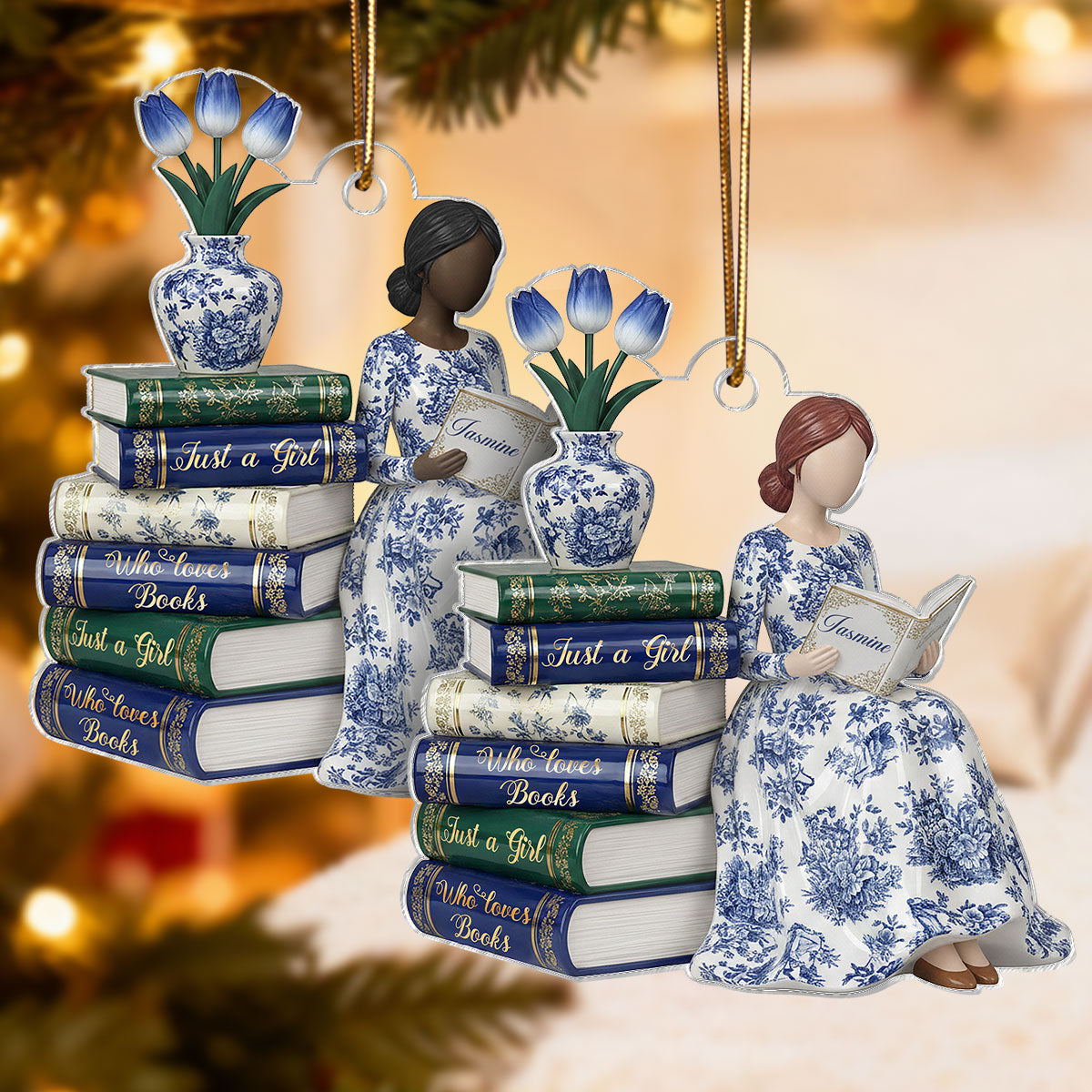 3D Effect Girl Reading Books Toile De Jouy Pattern - Personalized Acrylic Ornament - Christmas Gift For Book Lover, Bookworm