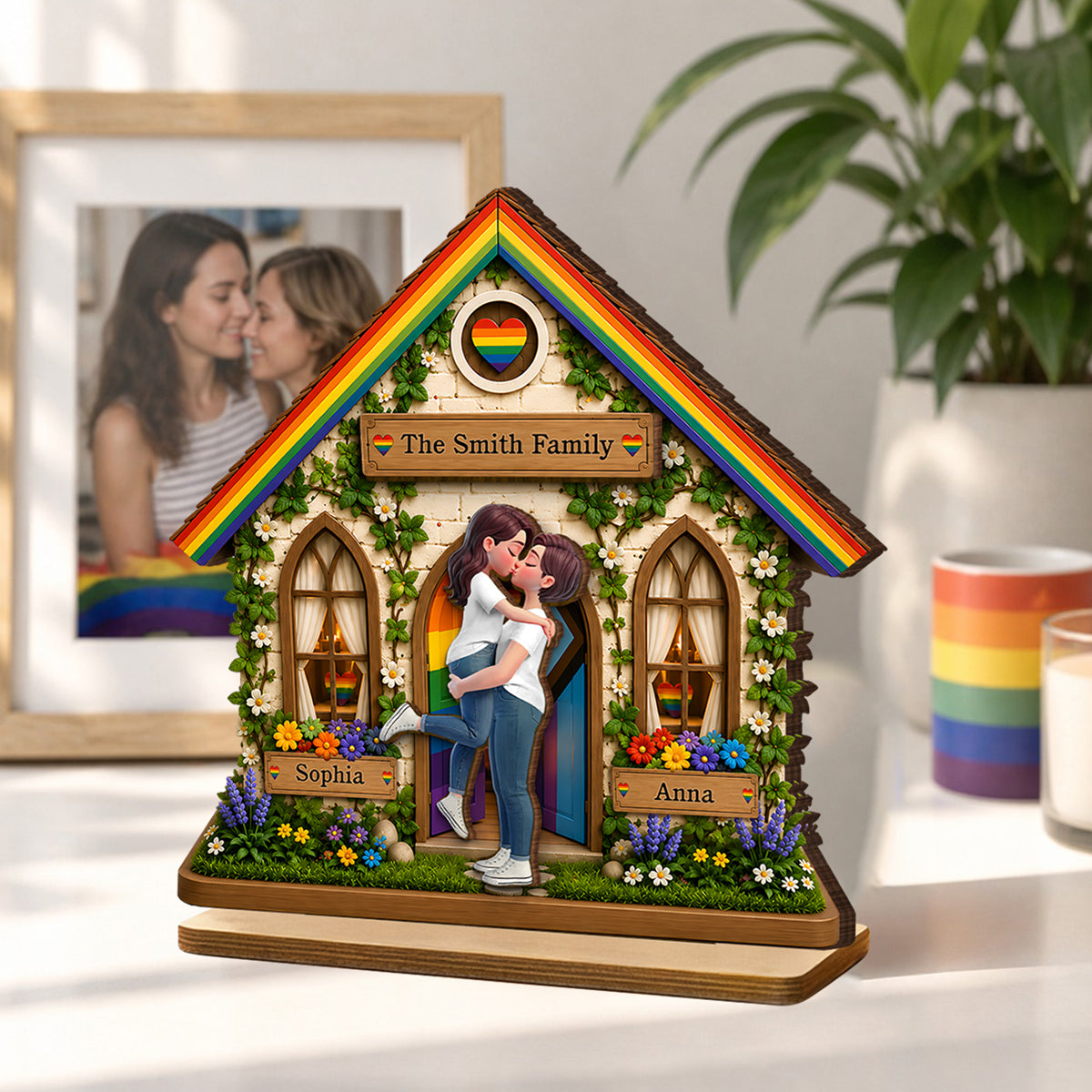 LGBT+ Family House Couple - Personalized 2-Layered Wooden Plaque - Gift For Couple, Happy Pride Month