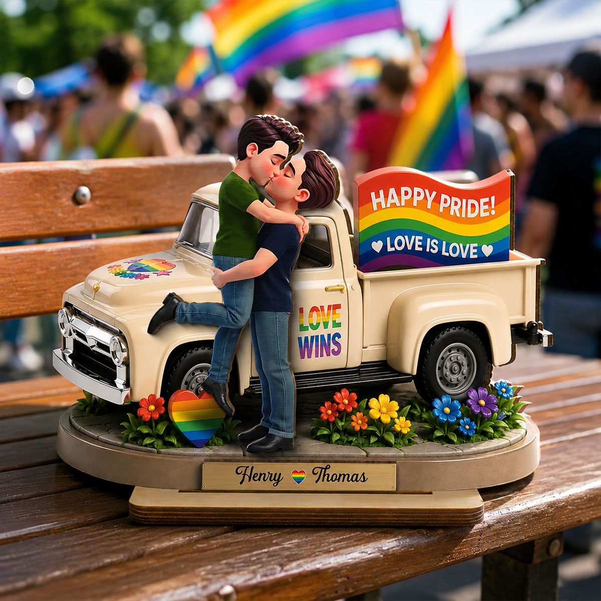 Love Is Love Couple Kissing By Truck 2D Flat - Personalized 2-Layered Wooden Plaque - Pride Month Keepsake