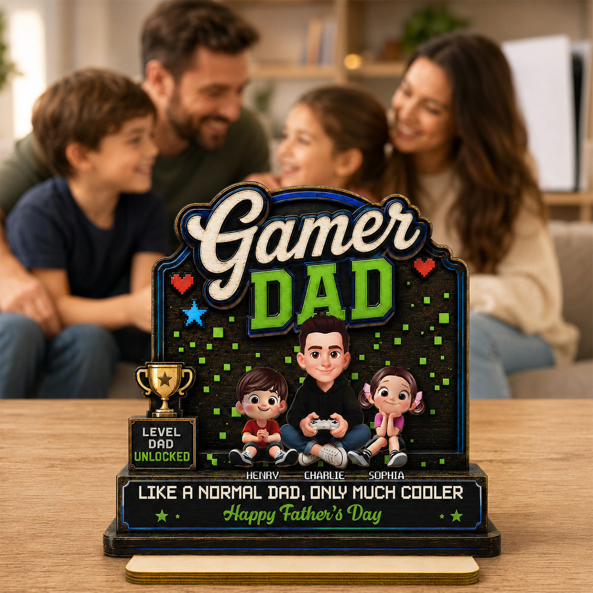 Gamer Dad & Kids - Personalized 2-Layered Wooden Plaque -  Gift For Gamer Dad