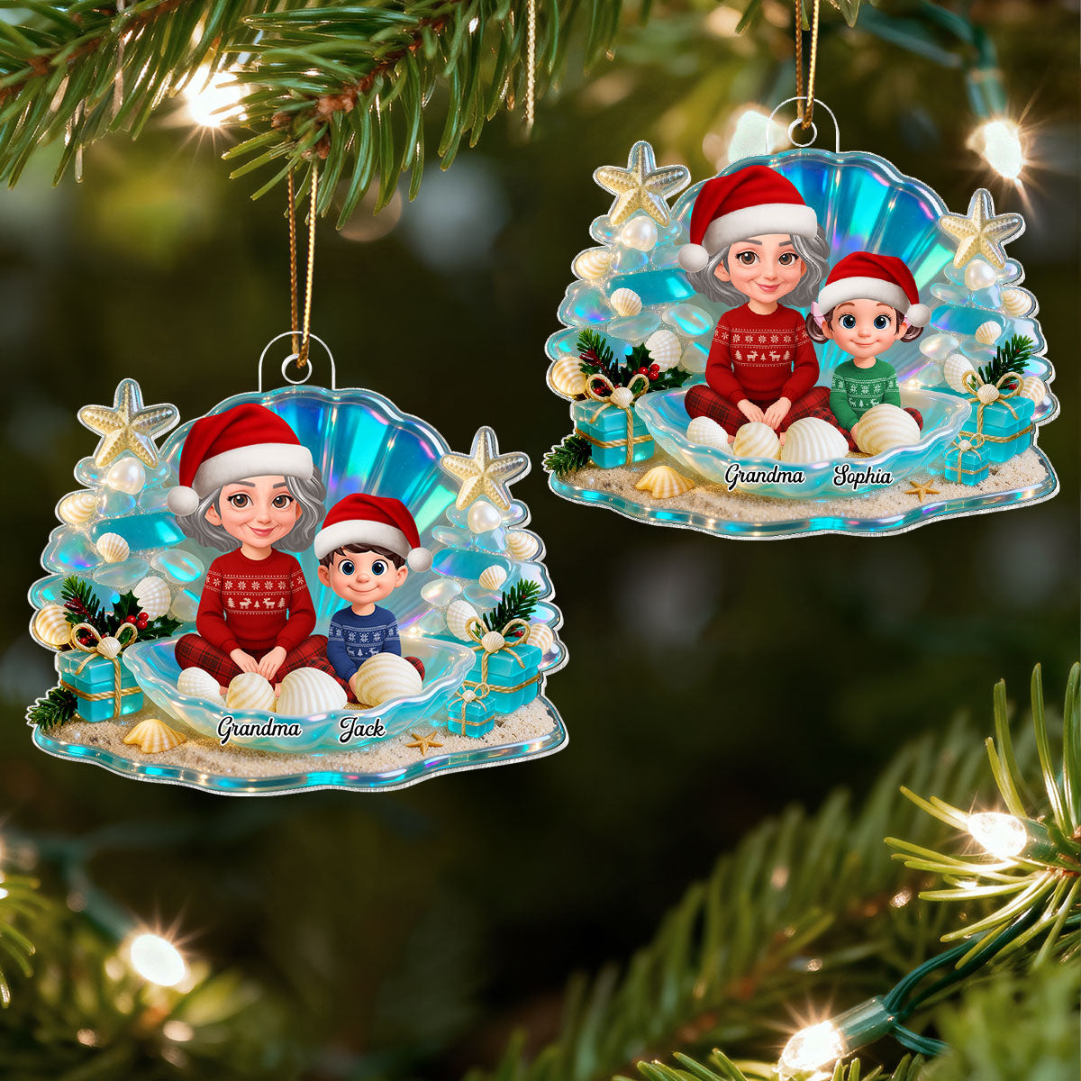 3D Effect Seashell Grandma Grandkids Christmas Together - Personalized Acrylic Ornament