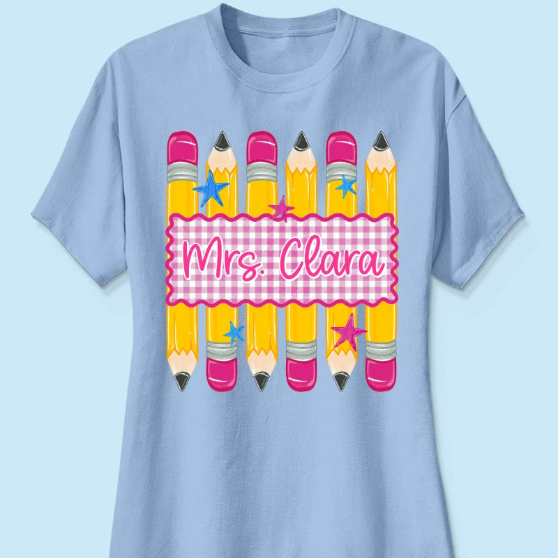 Pencil Gingham Stripes Teacher Custom Name - Personalized Shirt - Back To School Gift for Teachers