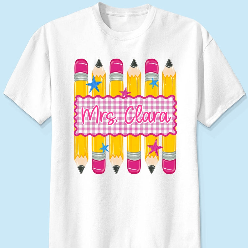 Pencil Gingham Stripes Teacher Custom Name - Personalized Shirt - Back To School Gift for Teachers