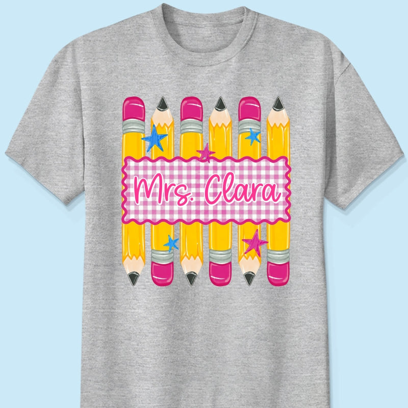 Pencil Gingham Stripes Teacher Custom Name - Personalized Shirt - Back To School Gift for Teachers