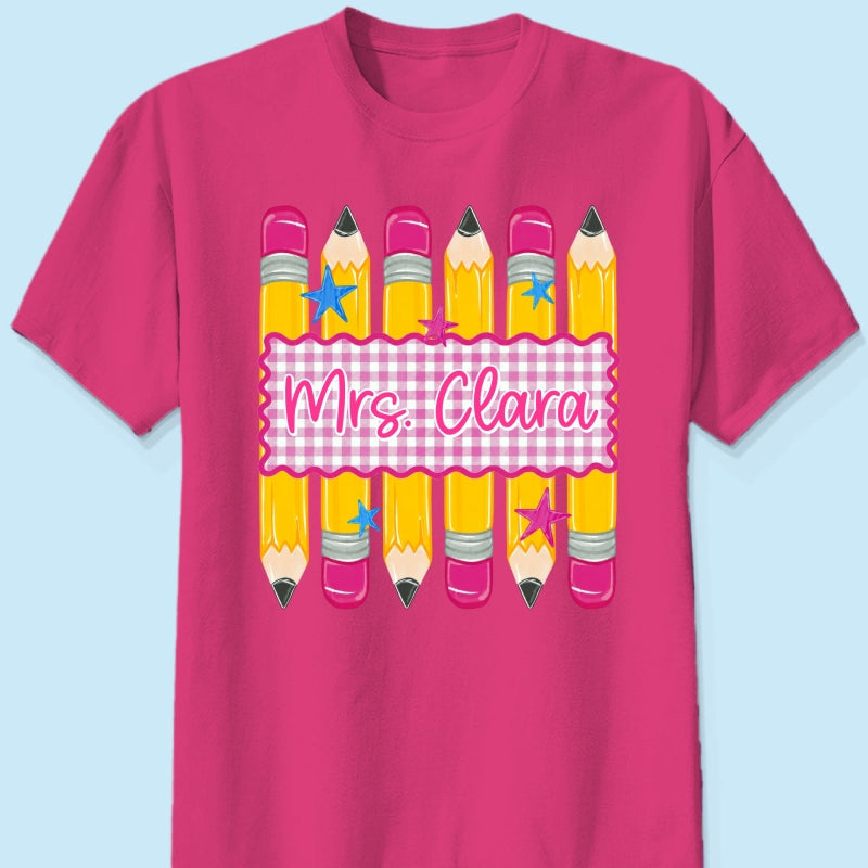 Pencil Gingham Stripes Teacher Custom Name - Personalized Shirt - Back To School Gift for Teachers