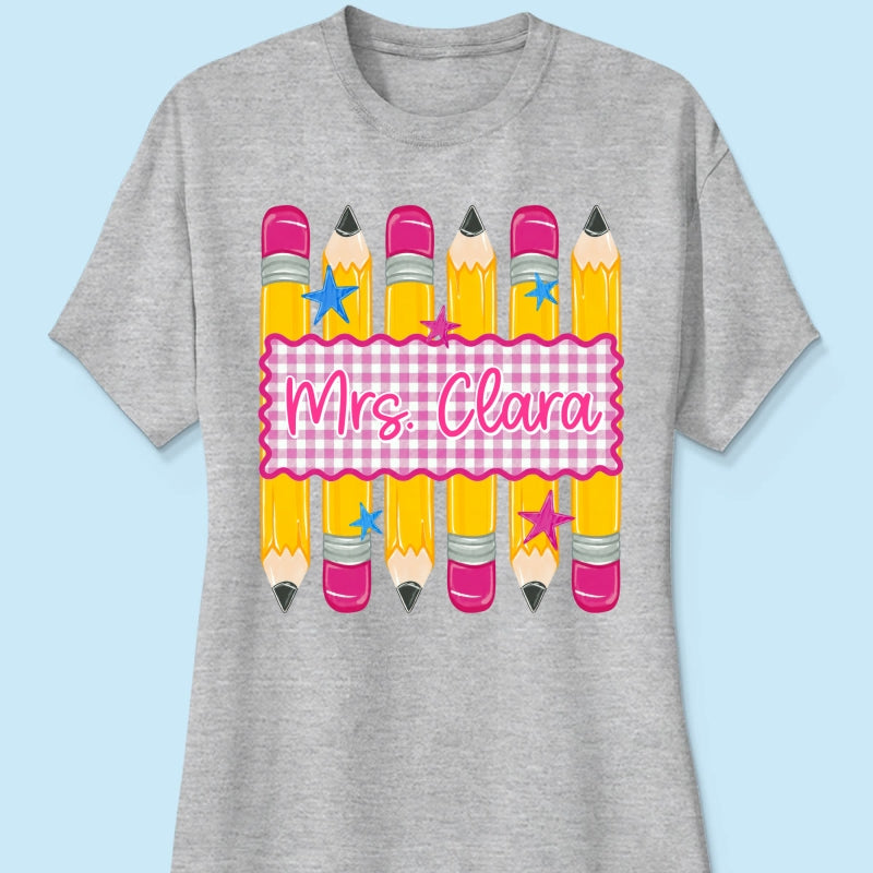 Pencil Gingham Stripes Teacher Custom Name - Personalized Shirt - Back To School Gift for Teachers