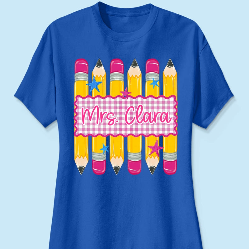 Pencil Gingham Stripes Teacher Custom Name - Personalized Shirt - Back To School Gift for Teachers
