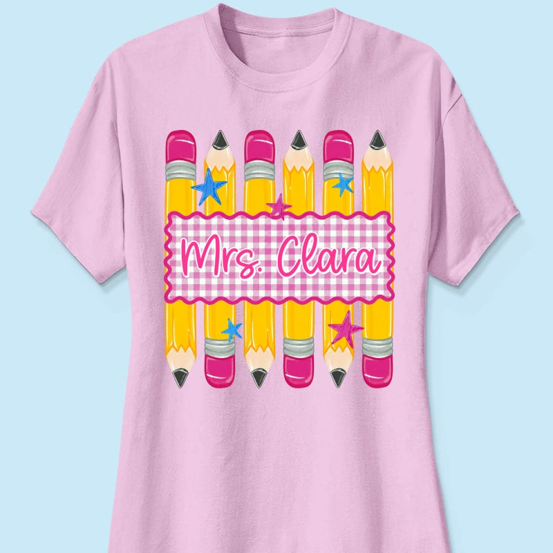 Pencil Gingham Stripes Teacher Custom Name - Personalized Shirt - Back To School Gift for Teachers