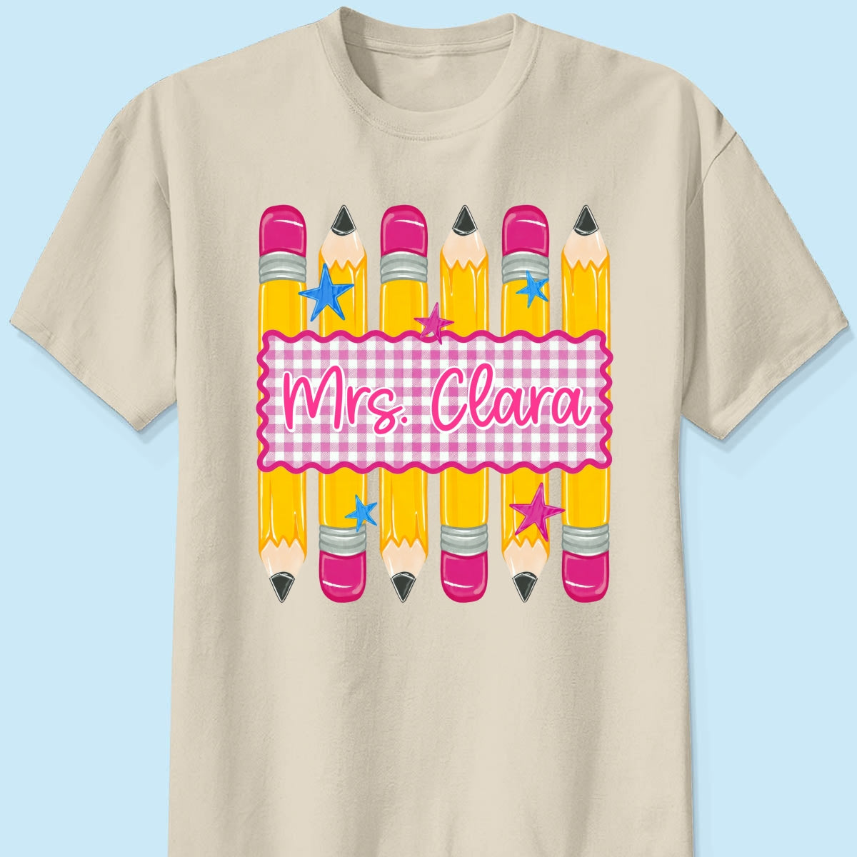Pencil Gingham Stripes Teacher Custom Name - Personalized Shirt - Back To School Gift for Teachers