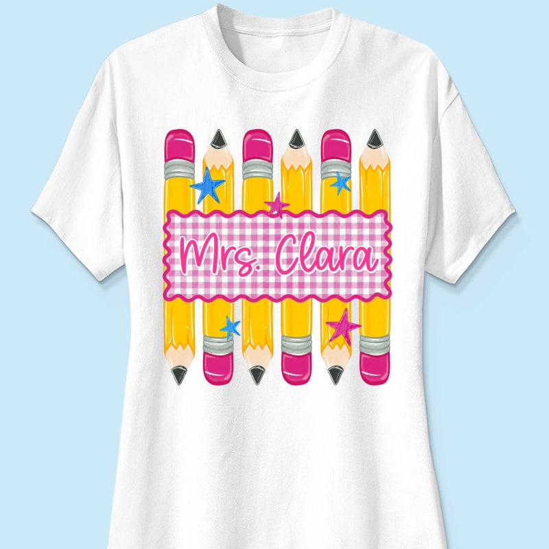 Pencil Gingham Stripes Teacher Custom Name - Personalized Shirt - Back To School Gift for Teachers