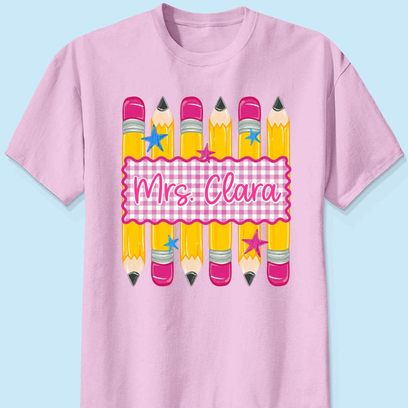 Pencil Gingham Stripes Teacher Custom Name - Personalized Shirt - Back To School Gift for Teachers