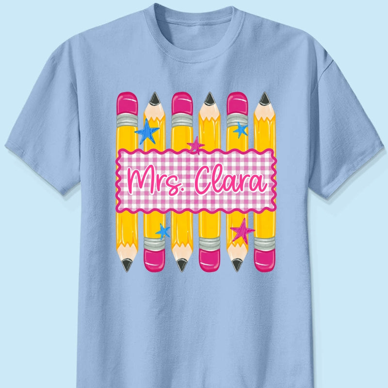 Pencil Gingham Stripes Teacher Custom Name - Personalized Shirt - Back To School Gift for Teachers