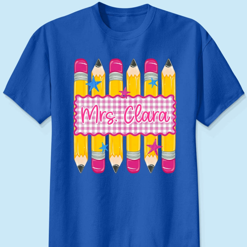 Pencil Gingham Stripes Teacher Custom Name - Personalized Shirt - Back To School Gift for Teachers
