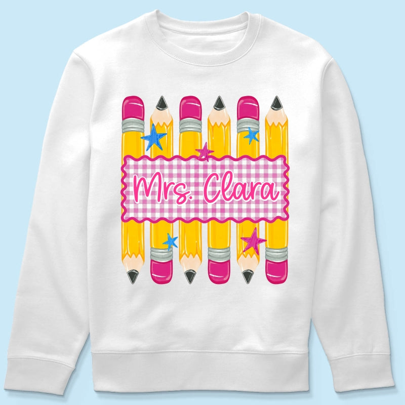 Pencil Gingham Stripes Teacher Custom Name - Personalized Shirt - Back To School Gift for Teachers
