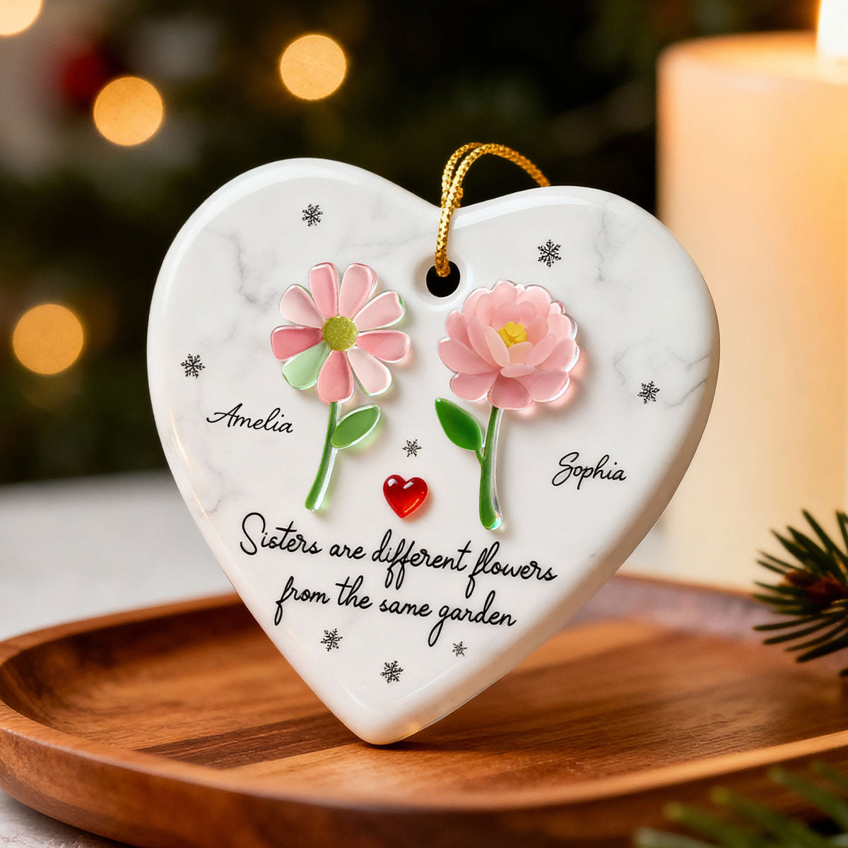 3D Effect Sea Glass Sisters Are Different Flowers from the Same Garden - Personalized Ceramic Ornament with Acrylic