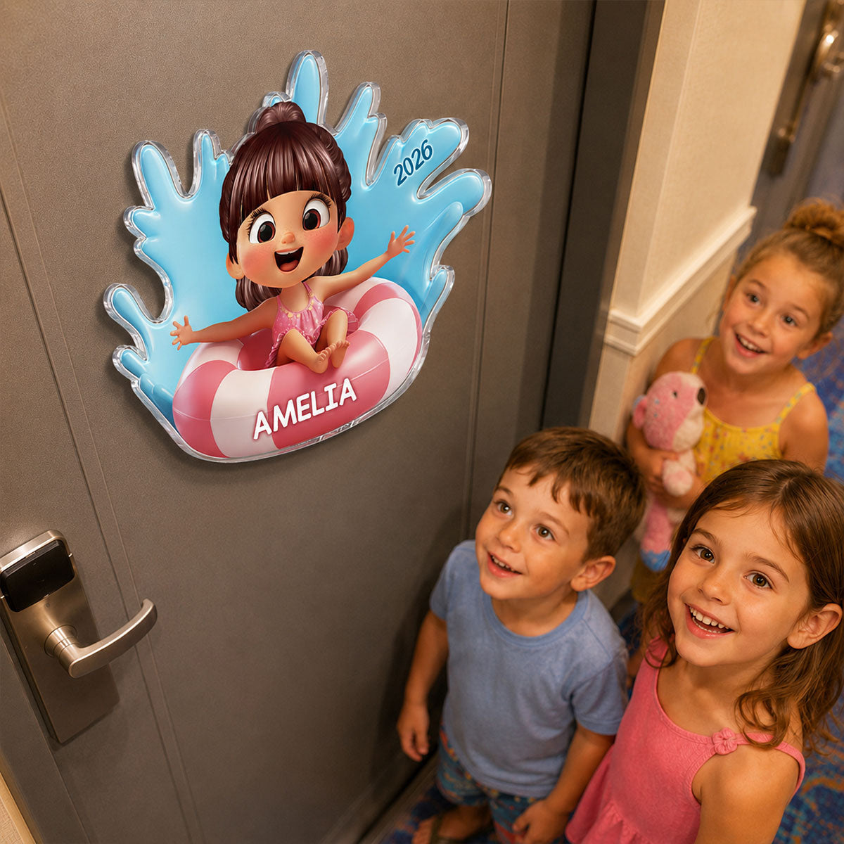 Cute Kid On Float - Personalized Cruise Ship Door Magnet - Cruise Trip Keepsake For Kids
