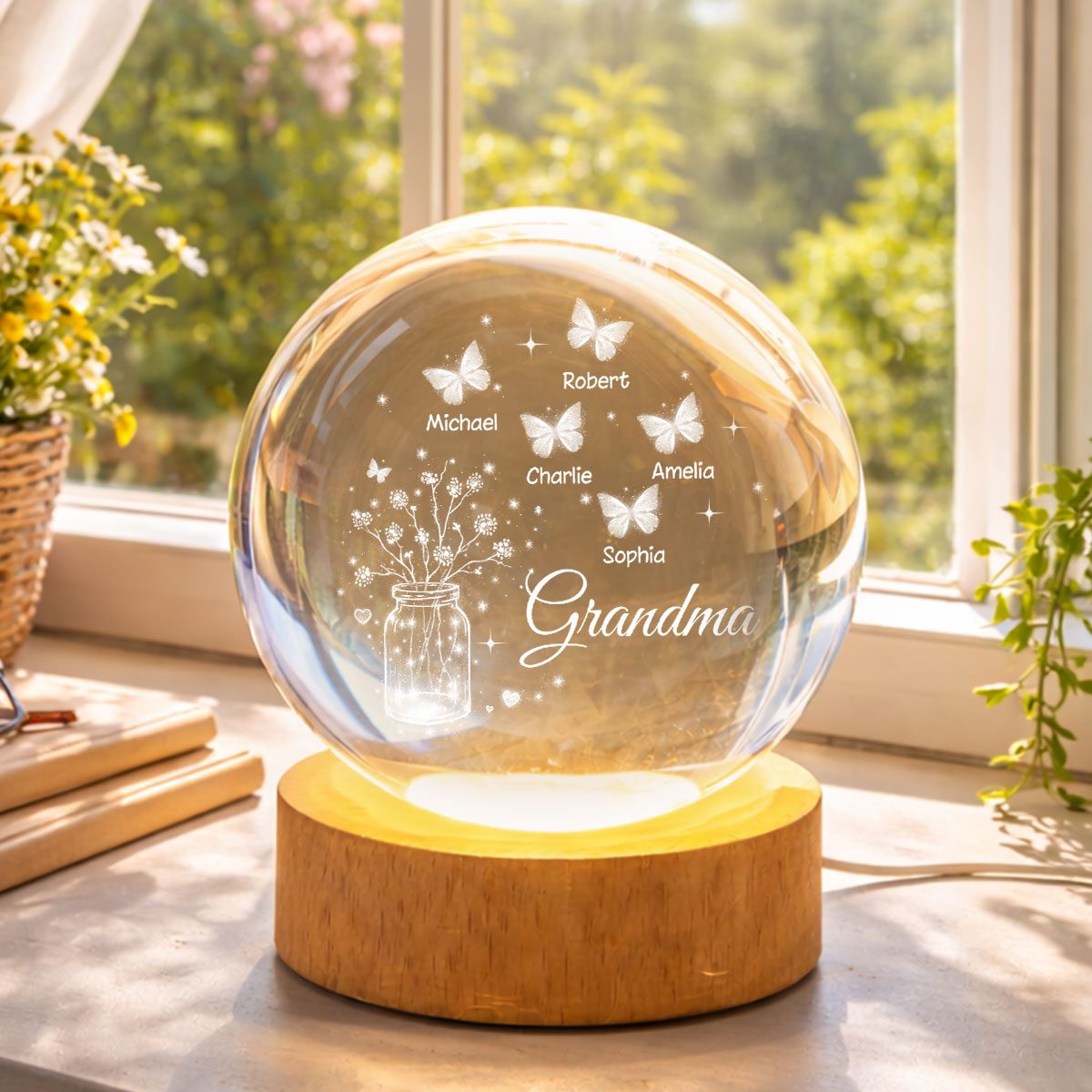 Grandma Butterfly Flower Jar - Personalized Crystal Ball LED Night Light - Sentimental Gift for Grandma