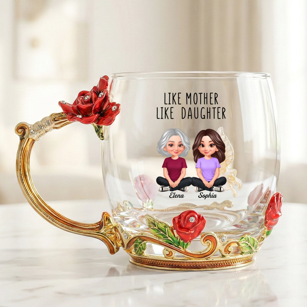 Like Mother Like Daughter Son - Personalized Enamel Flower Tea Cup - Gift For Mom