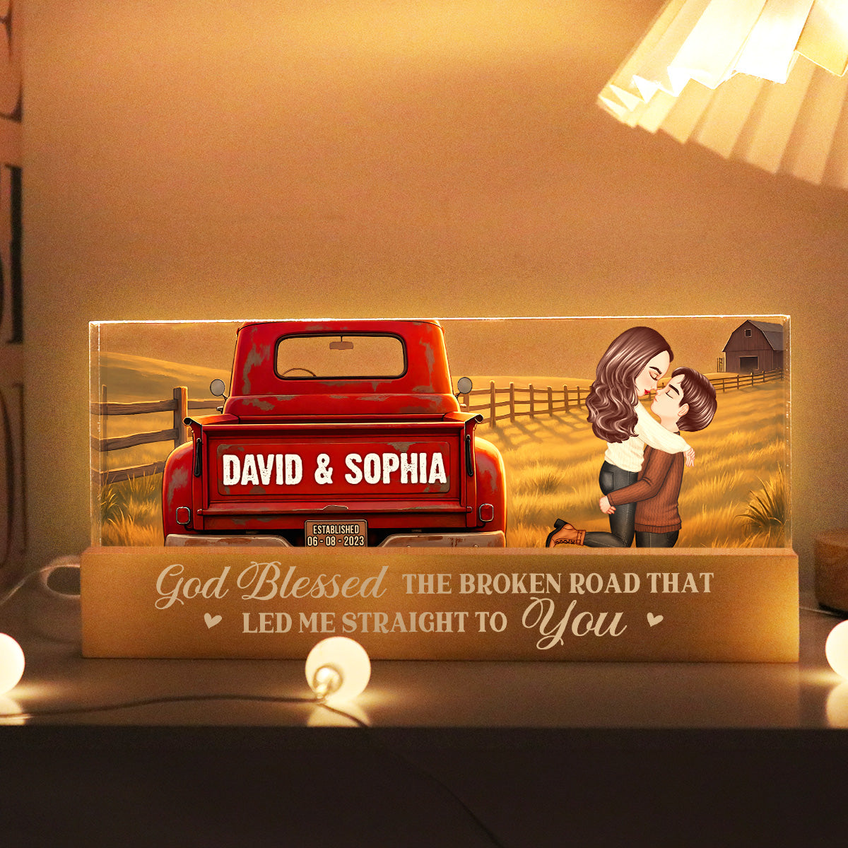 Rustic Nostalgia Red Truck Couple Hugging Kissing Farmhouse Decor - Personalized Acrylic Block LED Night Light - Heartfelt Valentine, Anniversary Gift For Him, For Her