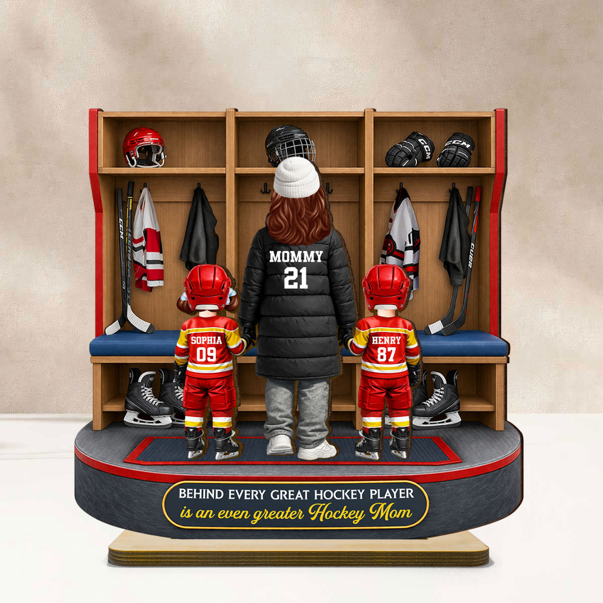 Hockey Mom And Kids Locker Room - Personalized 2-Layered Wooden Plaque - Mother's Day Gift For Hockey Mom, Gift For Wife
