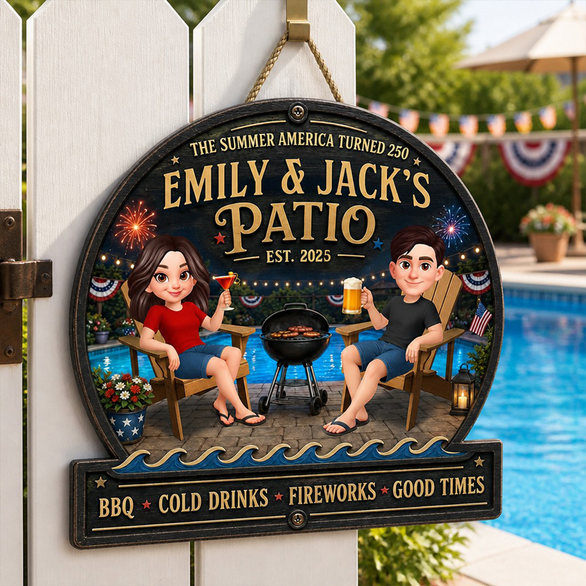 The Summer America Turns 250 Couple Pool & Patio - Personalized Wooden Sign - Summer Decor Gift for Her, for Him