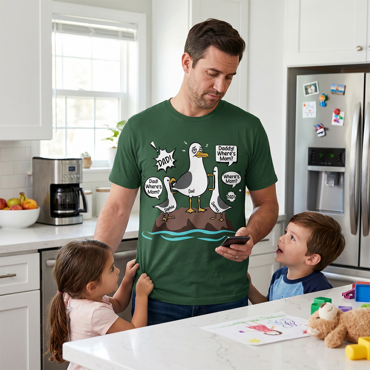Where's Mom Funny Tired Seagull & Kids Custom Name - Personalized Shirt - Funny Father's Day Gift For Dad, Husband
