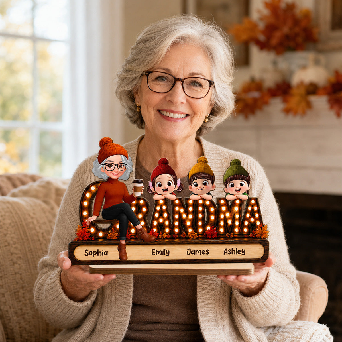 Grandma Grandkids Marquee 2D Flat - Personalized Wooden Plaque - Cozy Fall Season Gift