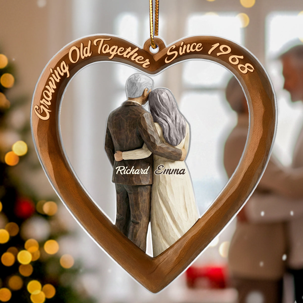 Couple Heart Christmas Faux Wood - Personalized Acrylic Ornament - Unique Christmas Gift For Grandma, Grandpa, Old Couple