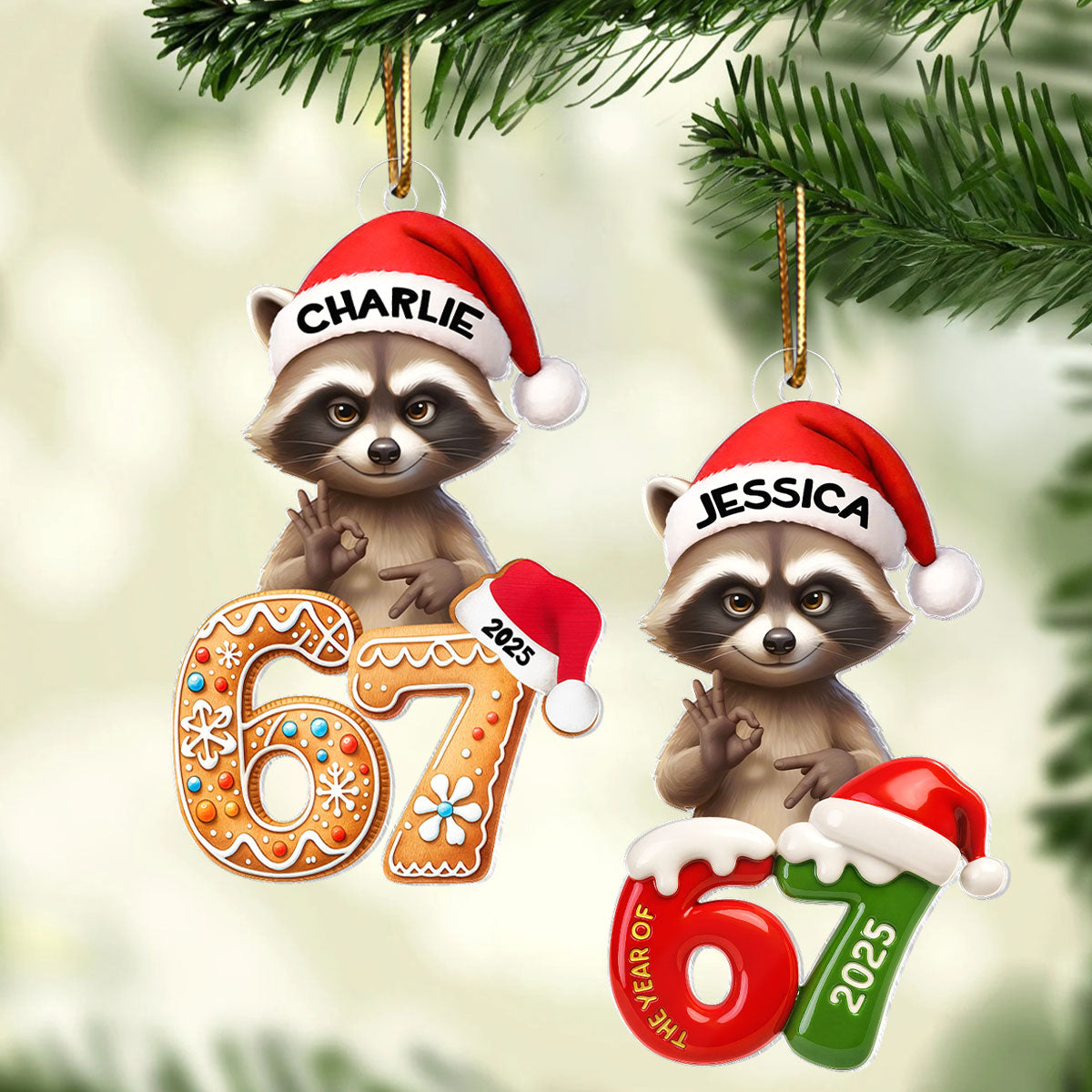 Cunning Raccoon Christmas Pattern Custom Six Seven 67 - Personalized Acrylic Ornament - Teen Slang Funny Tree Decor, Funny Teen Grandkid Gift